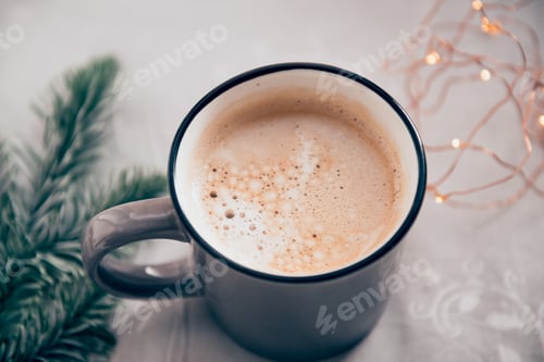Preview: winter cozy vibes - cappuccino cup with christmas tree brunch and garland