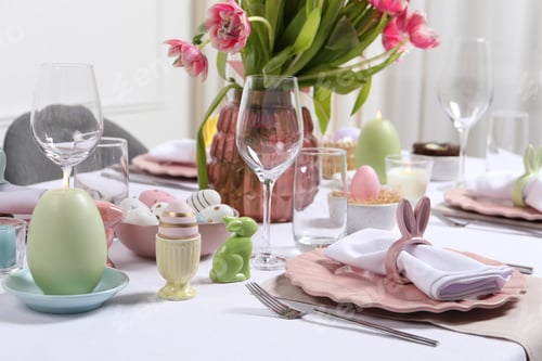 Preview: Festive table setting with beautiful flowers. Easter celebration