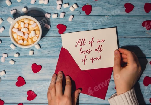 Preview: ALL OF ME LOVES ALL OF YOU text on valentine card inscription positive quote phrase Female hands