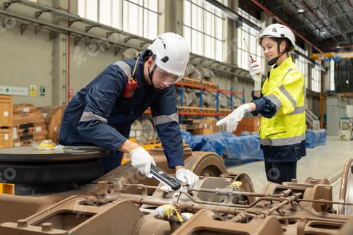 Preview: Two professional engineers check mechanical check undercarriage of lifted electric train