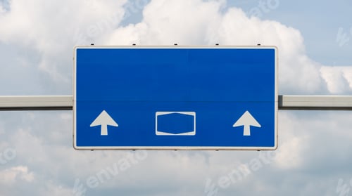 Preview: A large road sign above a German highway in blue, with no signs and subtitles, with a clipping path.