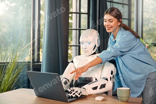 Robot and woman working on laptop in office