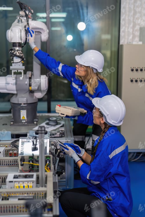 Preview: Female robotic factory workers use tablet pc quality checking Circuit Boards after assembly