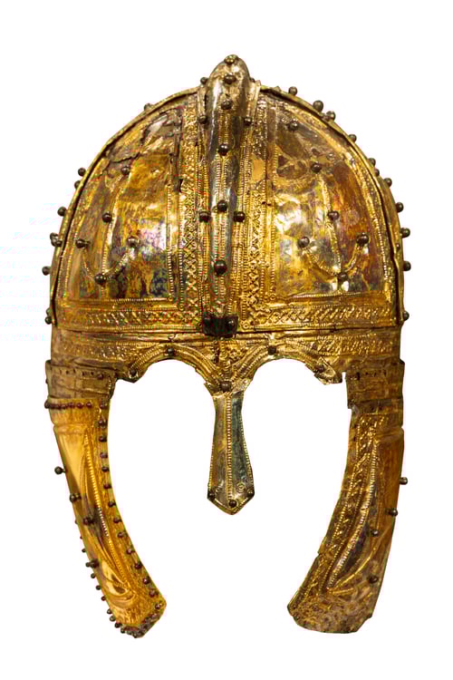 Preview: Golden medieval helmet with intricate design isolated on a white