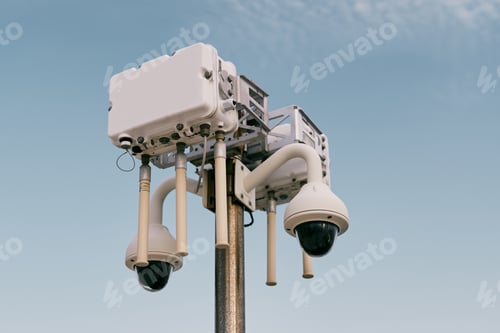 Preview: Street wi-fi router on a pole with video cameras against the sky