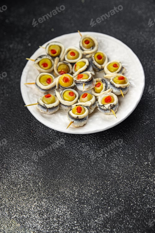 Preview: olive in anchovy fillet, anchovys roll stuffed olives apetizing seafood fish marinated appetizer