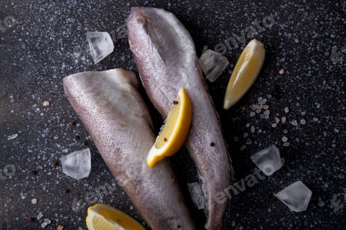 Preview: Natural ingredients and seafood, defrosted hake fish showcasing the preparation of fish dishes