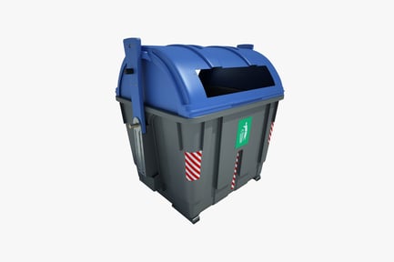 Preview: Gray trash can with blue lid and hazard tape