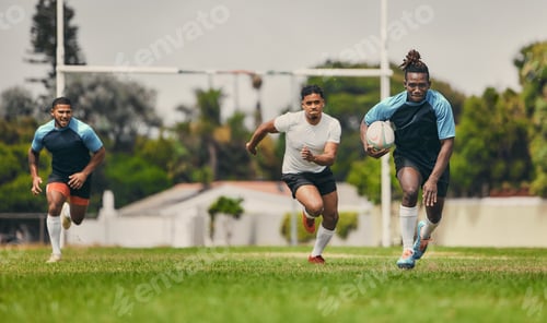 Preview: Rugby, running or sports men in game playing a training game for cardio exercise or workout outdoor