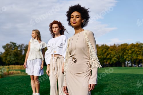 Preview: Stylish women showcase confidence in a chic outdoor spring setting