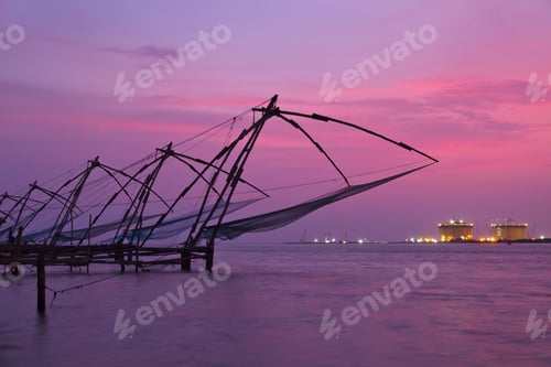 Preview: Chinese fishnets on sunset. Kochi, Kerala, India