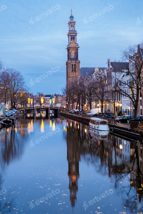 Preview: Amsterdam Netherlands canals with lights during evening in December during winter in the Netherlands
