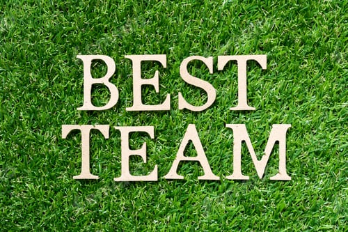 Preview: Wood alphabet letter in word best team on artificial green grass background