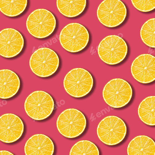 Preview: Lemon slices pattern on vibrant pomegranate color background. Minimal flat lay food texture