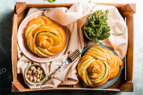 Preview: homemade buns with cream and pistachio cream decorated with thyme freshly baked for breakfast