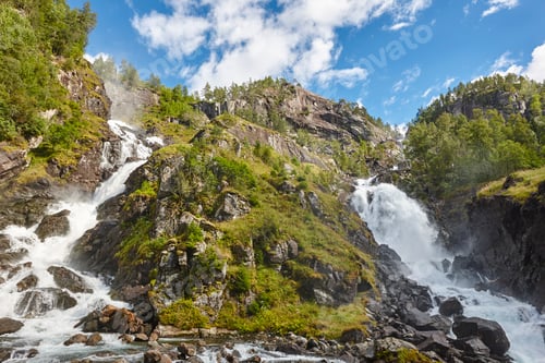 Preview: Norwegian twin waterfall. Rocky forest landscape. Latefossen. Visit Norway. Highlight