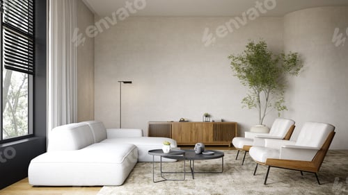 Visualização: Interior minimalista da moderna sala de estar: renderização 3D