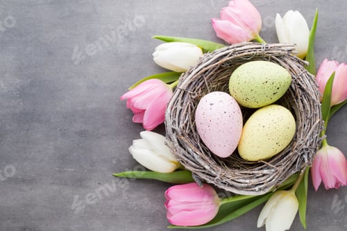 Preview: Easter eggs in the nest on a gray background. Spring greeting card.
