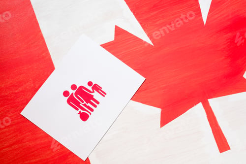 Preview: white card with family icon on canadian flag, immigration concept