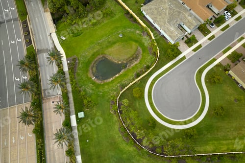 Preview: Aerial view of cul-de-sac at neighborhood street dead end with tightly packed homes