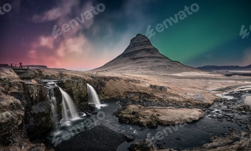 Preview: Northern lights aurora borealis over kirkjufell waterfall in Iceland