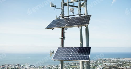 Preview: Solar panel, energy and roof with skyline, city and ocean with sustainability, power or off grid de