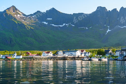 Preview: Fishing base in village Mefjordvaer, island Senja, Norway, Mefjord Brygge. Fishing village in summer
