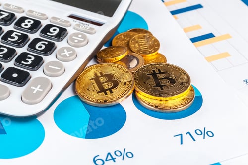 Calculator, Coins, and Chart Show Bitcoin Statistics