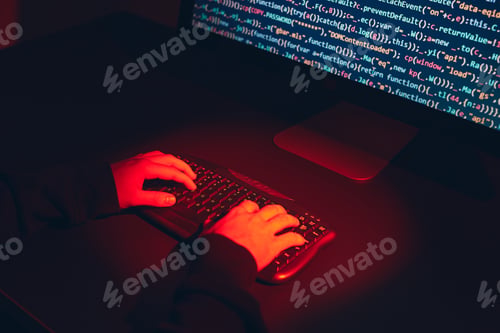Preview: Man using computer and programming to break code. Cyber security threat. Breaking protection