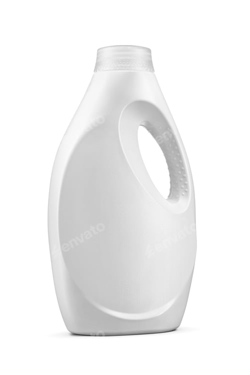 Preview: Fabric softener or conditioner in blank plastic bottle with handle isolated on white.