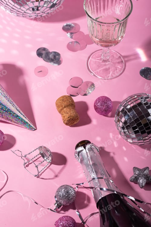 Preview: Glass of champagne with silver disco ball