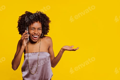 Preview: Animated Woman Talking on Phone against Yellow Backdrop