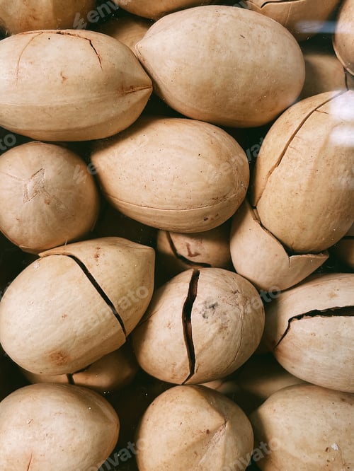 Preview: Pecans. Nuts from above. Flat lay food. Walnut. Pekan. Vegan food. Closeup. Healthy and yummy.