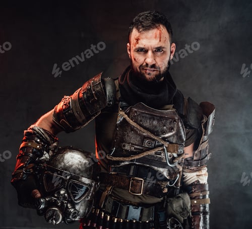 Preview: Joyful apocalyptic soldier with helmet in dark background