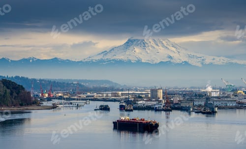 Preview: A View Of The Port Of Tacoma With Mount Rainier Above.
