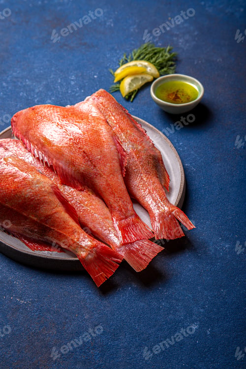 Preview: Fresh red sea bass on blue background.