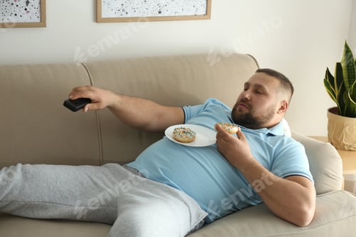 Preview: Lazy overweight man with donuts watching TV on sofa at home