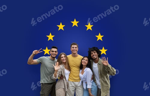 Preview: Five cheerful friends showing peace signs and waving, standing together with genuine smiles