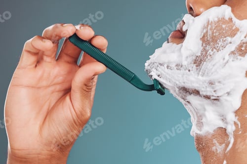 Preview: Shaving foam, razor and skincare mockup with man cleaning his face with care for healthy, clean and