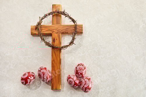 Preview: Christian Cross and and Colorful Easter Eggs on vintage background