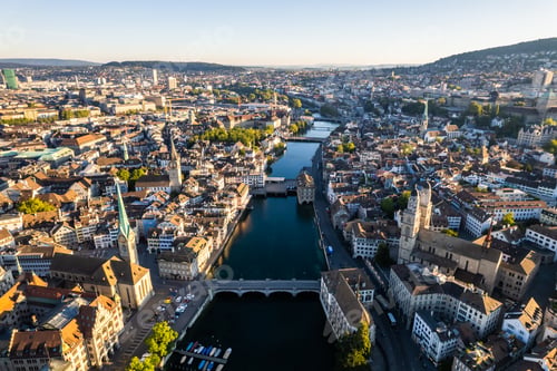Preview: Aerial drone shot flying above Lake Zurich, Switzerland in sunny day.