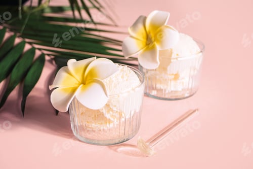 Preview: Delicious tropical flavors ice cream sorbet sundae decorated flower plumeria frangipani