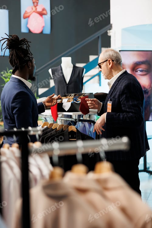 Preview: Showroom employee helping stylish client with formal wear