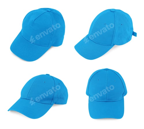 Preview: Light blue cap isolated on white, collage. Different sides. Mockup for design