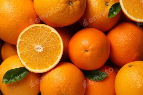 Preview: Many ripe oranges and green leaves as background, top view