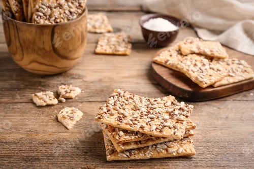 Preview: Stack of delicious crackers on wooden table
