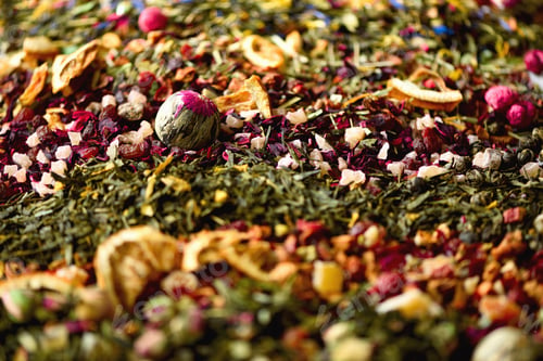 Preview: Tea background: green, black, floral, herbal, mint, melissa, ginger, apple, rose, lime tree, fruits