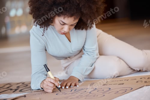 Preview: Black woman, poster and being creative for protest, solidarity with Iran women or prepare for actio