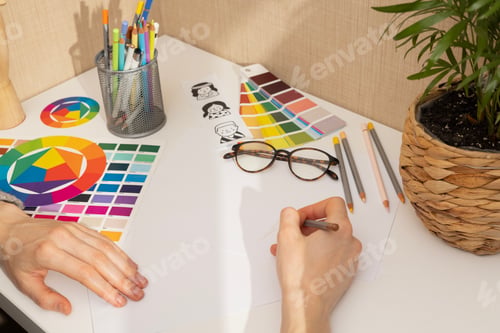 Preview: Artistic Designer’s Desk with Modern Equipment artist sketching in pencil