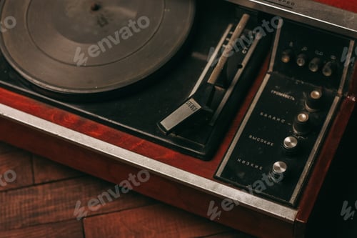 Preview: red gramophone record player vintage nostalgia wood background